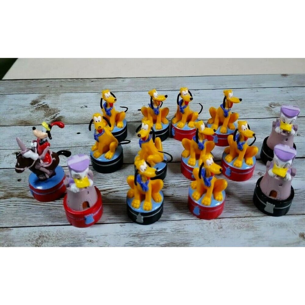 Disney Pluto Dog Daisy Duck Figures Figurines On Red Black Stands Lot of 14